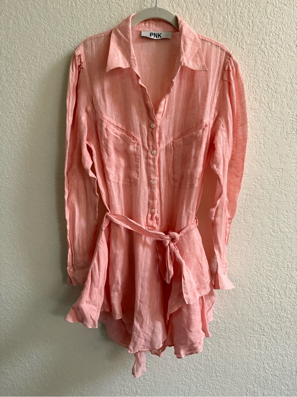PNK Brand Coral Pink Button-Front Tie-Waist Women's Mini Dress 100% Linen Small